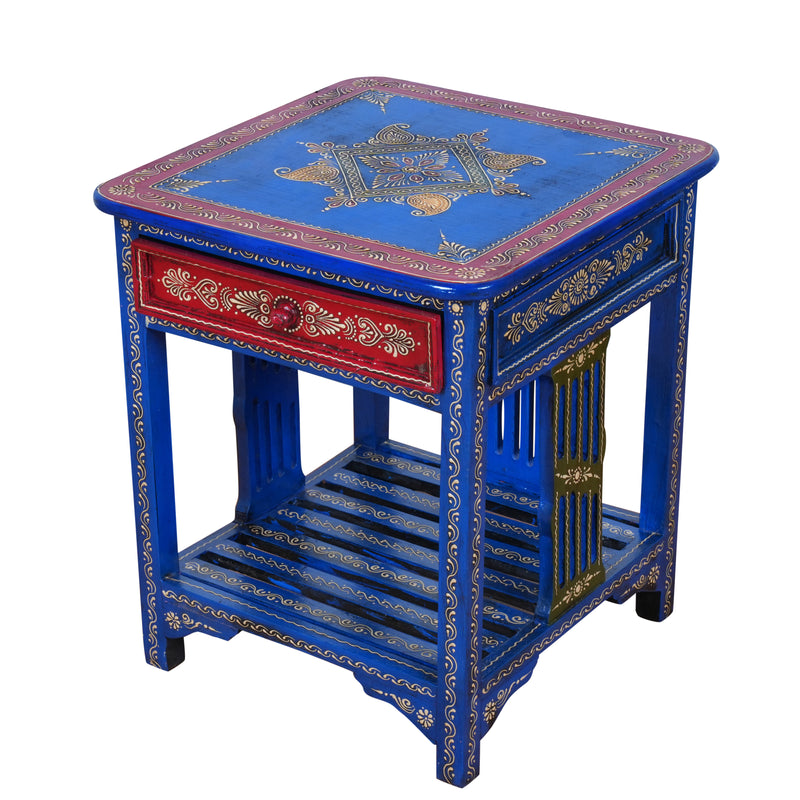 Indigo Blossom Bedside Table - Hand-Painted Wooden Bedside Table with One Drawer – Royal Blue & Red