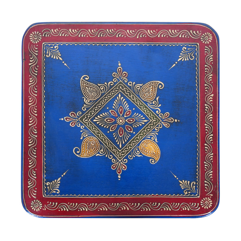 Indigo Blossom Bedside Table - Hand-Painted Wooden Bedside Table with One Drawer – Royal Blue & Red