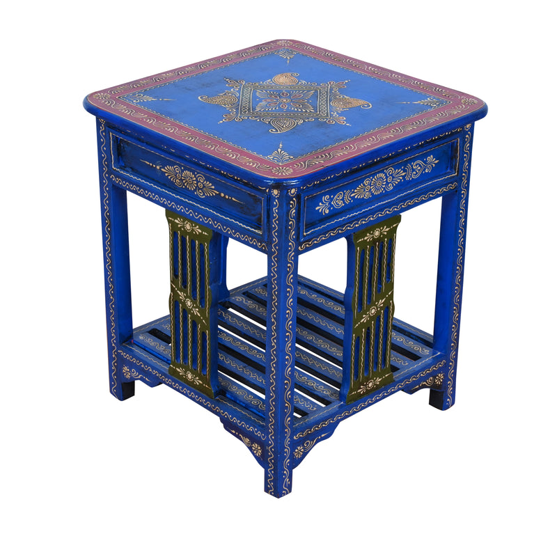 Indigo Blossom Bedside Table - Hand-Painted Wooden Bedside Table with One Drawer – Royal Blue & Red