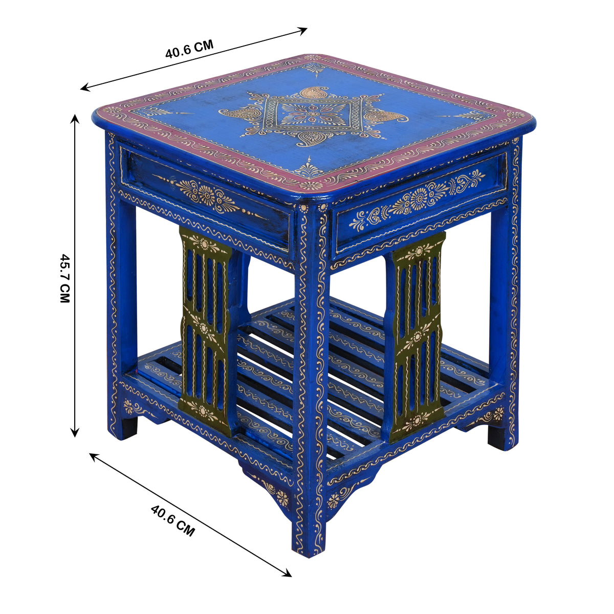 Indigo Blossom Bedside Table - Hand-Painted Wooden Bedside Table with One Drawer – Royal Blue & Red
