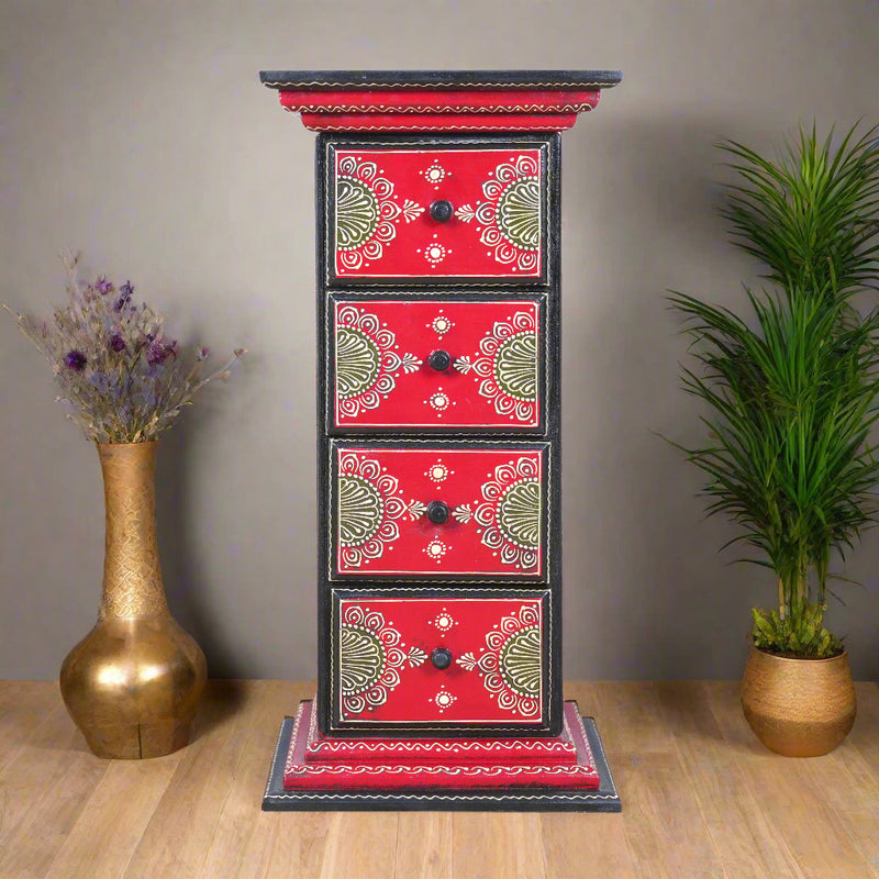 Crimson Aura Hand-Painted Wooden Chest – 4 Drawer Cabinet