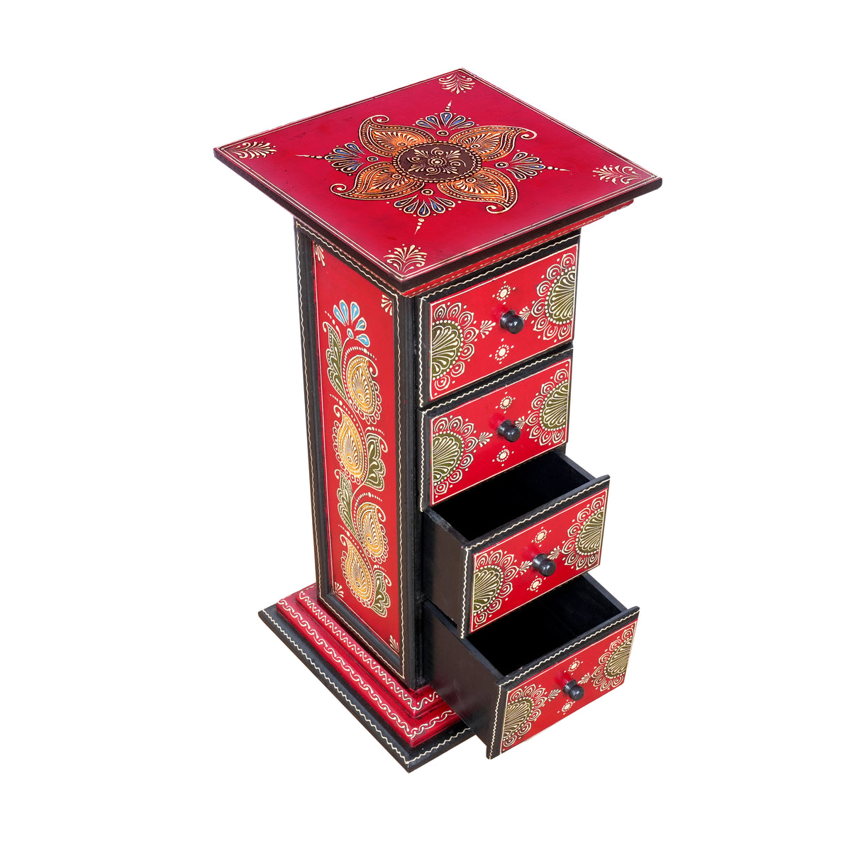 Crimson Aura Hand-Painted Wooden Chest – 4 Drawer Cabinet