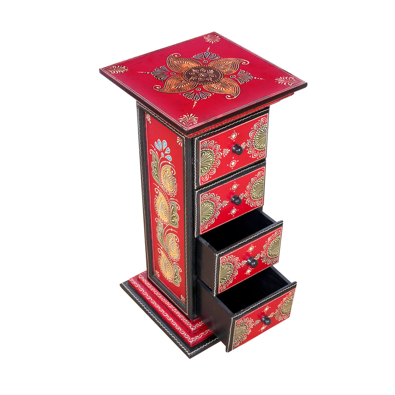 Crimson Aura Hand-Painted Wooden Chest – 4 Drawer Cabinet