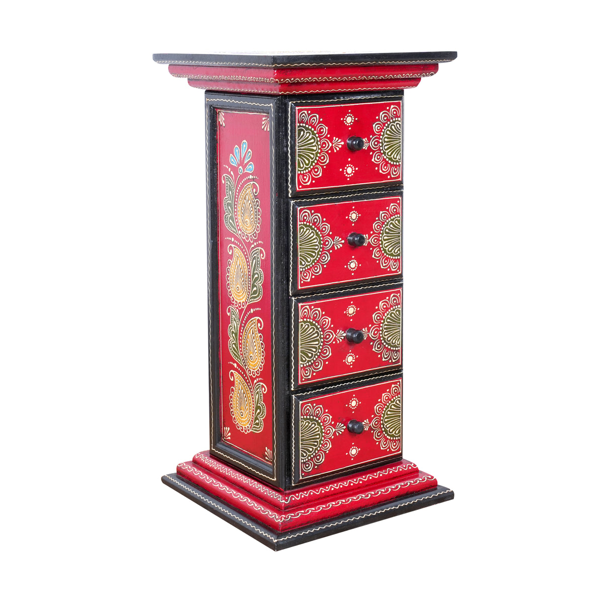 Crimson Aura Hand-Painted Wooden Chest – 4 Drawer Cabinet