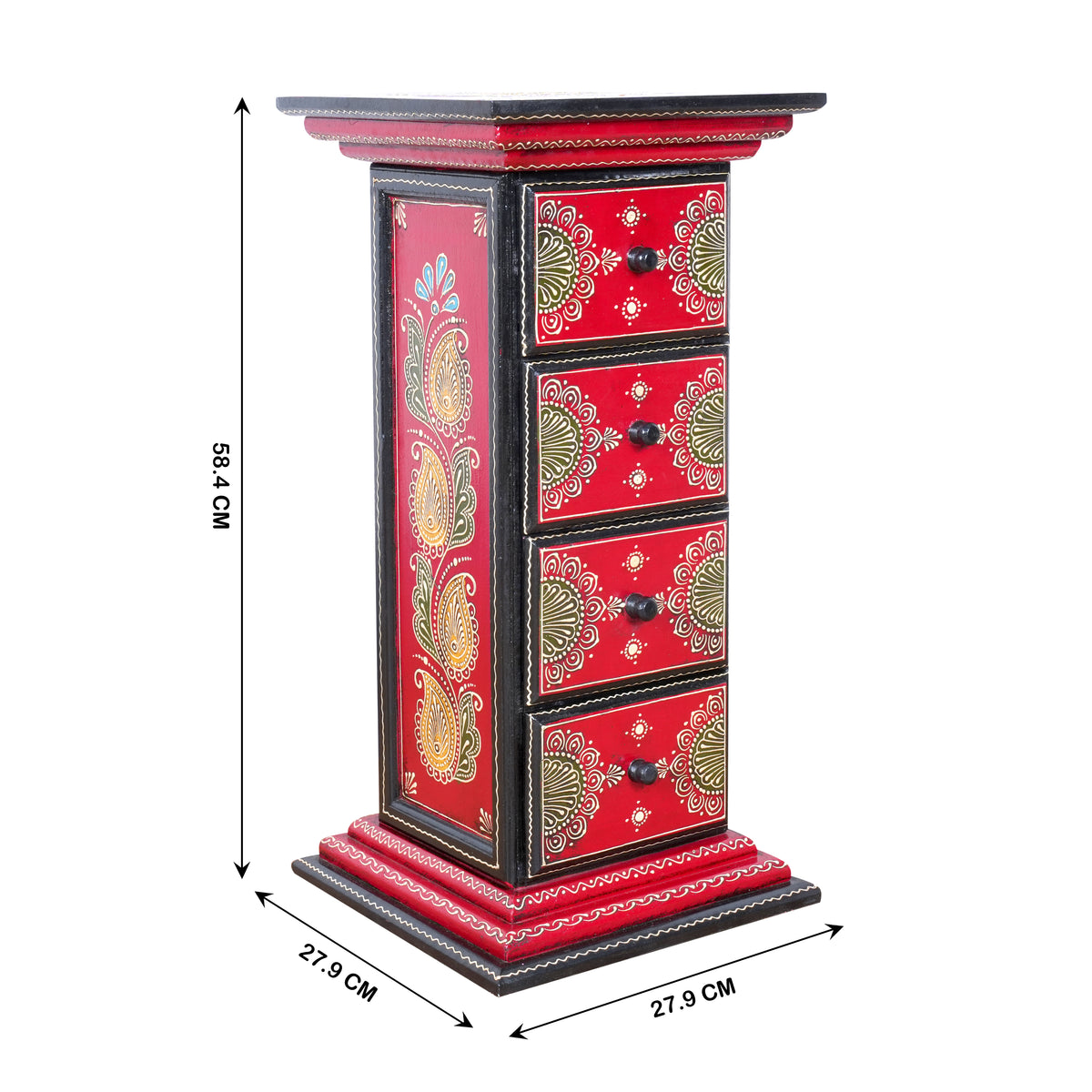 Crimson Aura Hand-Painted Wooden Chest – 4 Drawer Cabinet