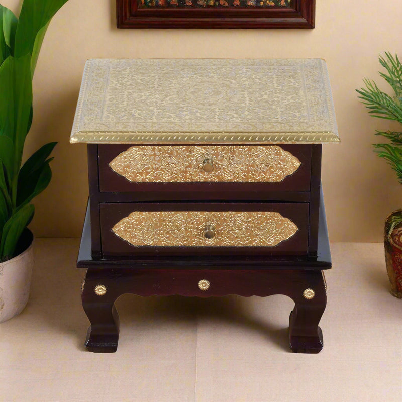 The Mughal Trunk - Brass Inlay Wooden 2-Drawer Accent Chest