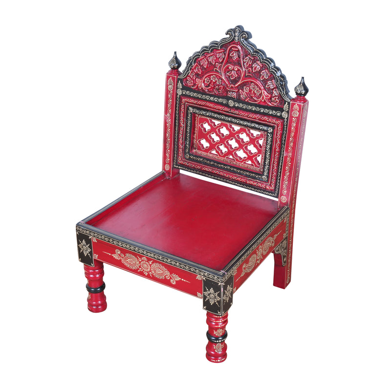 Hand-Painted Rajasthani Wooden Royal Accent Chair | Embossed Chowki Seating