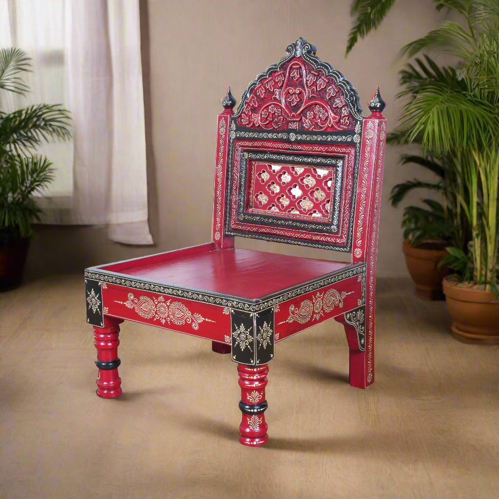 Hand-Painted Rajasthani Wooden Royal Accent Chair | Embossed Chowki Seating