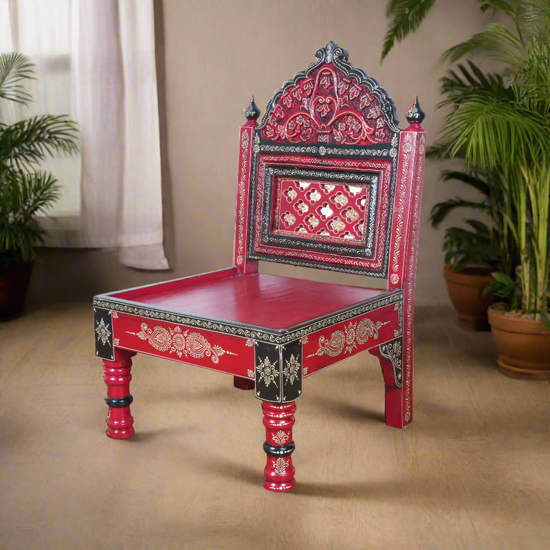 Hand-Painted Rajasthani Wooden Royal Accent Chair | Embossed Chowki Seating