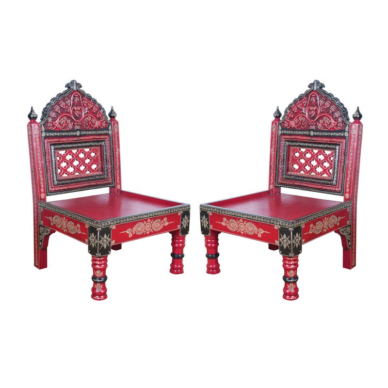 Hand-Painted Rajasthani Wooden Royal Accent Chair | Embossed Chowki Seating
