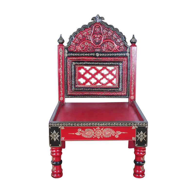 Hand-Painted Rajasthani Wooden Royal Accent Chair | Embossed Chowki Seating