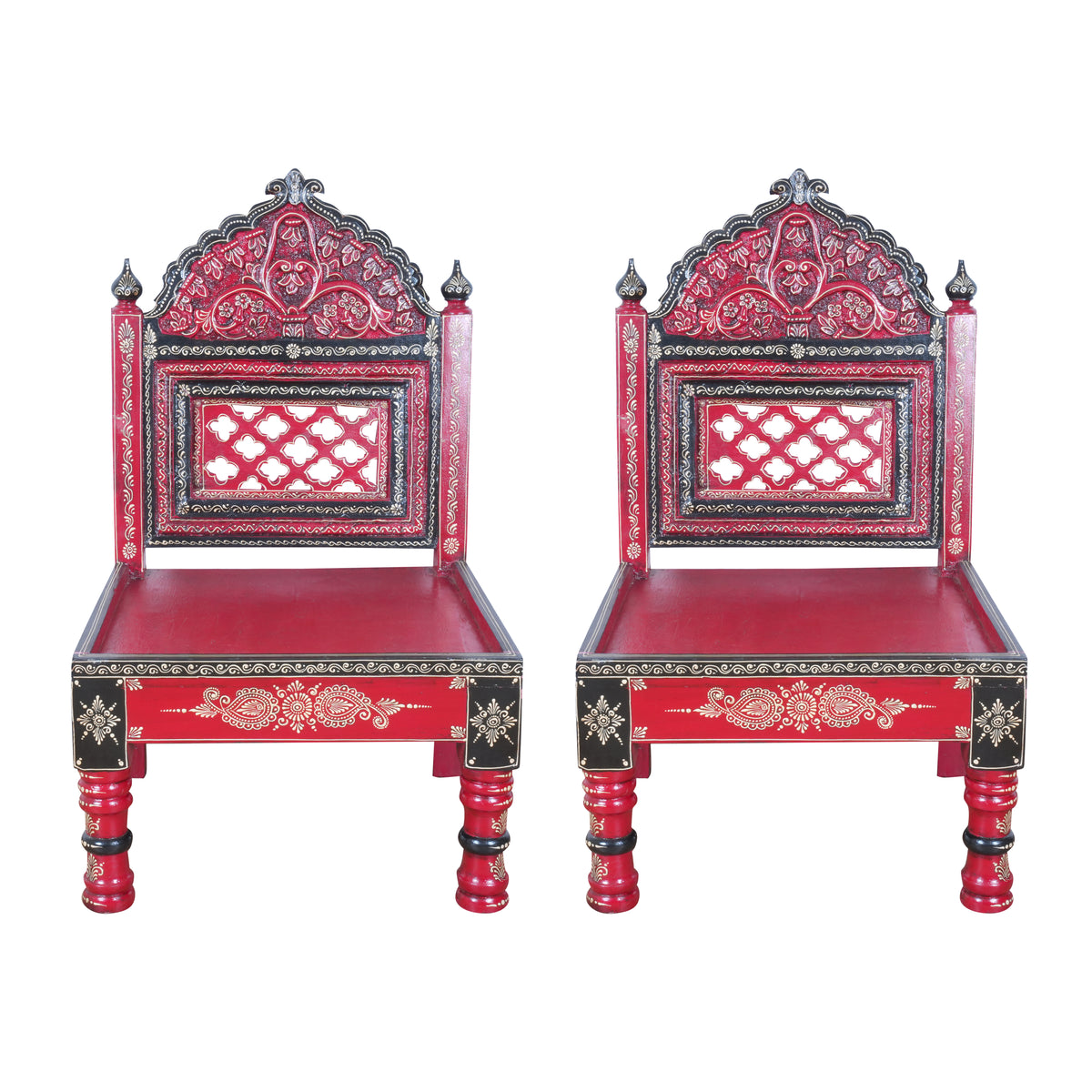 Hand-Painted Rajasthani Wooden Royal Accent Chair | Embossed Chowki Seating