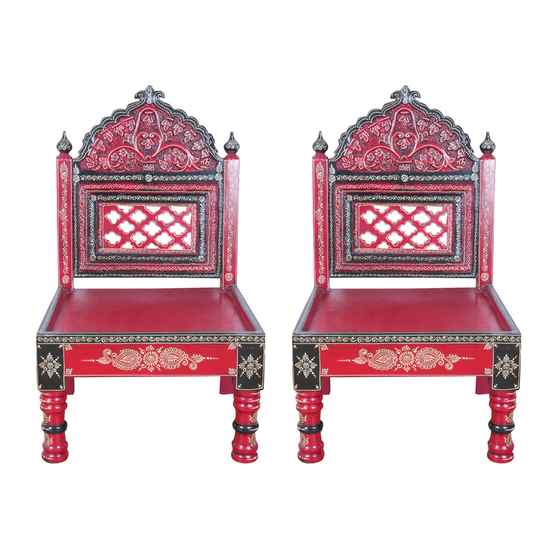 Hand-Painted Rajasthani Wooden Royal Accent Chair | Embossed Chowki Seating