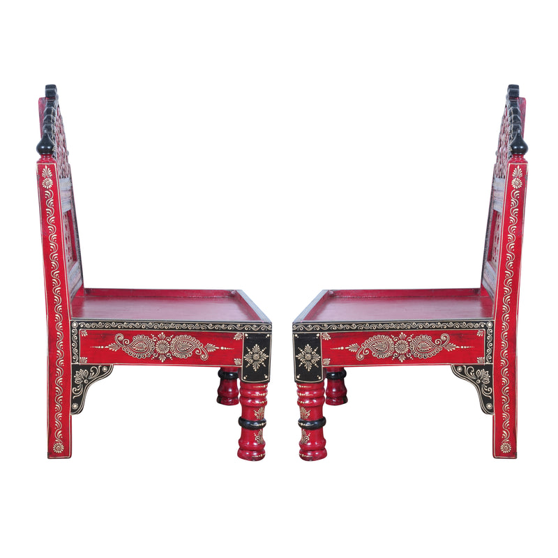 Hand-Painted Rajasthani Wooden Royal Accent Chair | Embossed Chowki Seating