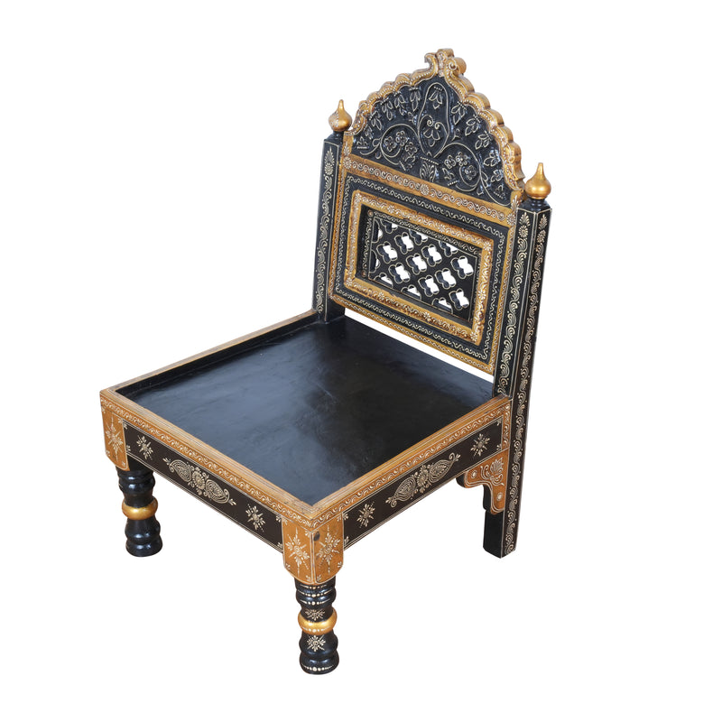 Hand-Painted Rajasthani Wooden Royal Accent Chair | Embossed Chowki Seating