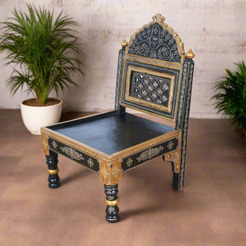 Hand-Painted Rajasthani Wooden Royal Accent Chair | Embossed Chowki Seating