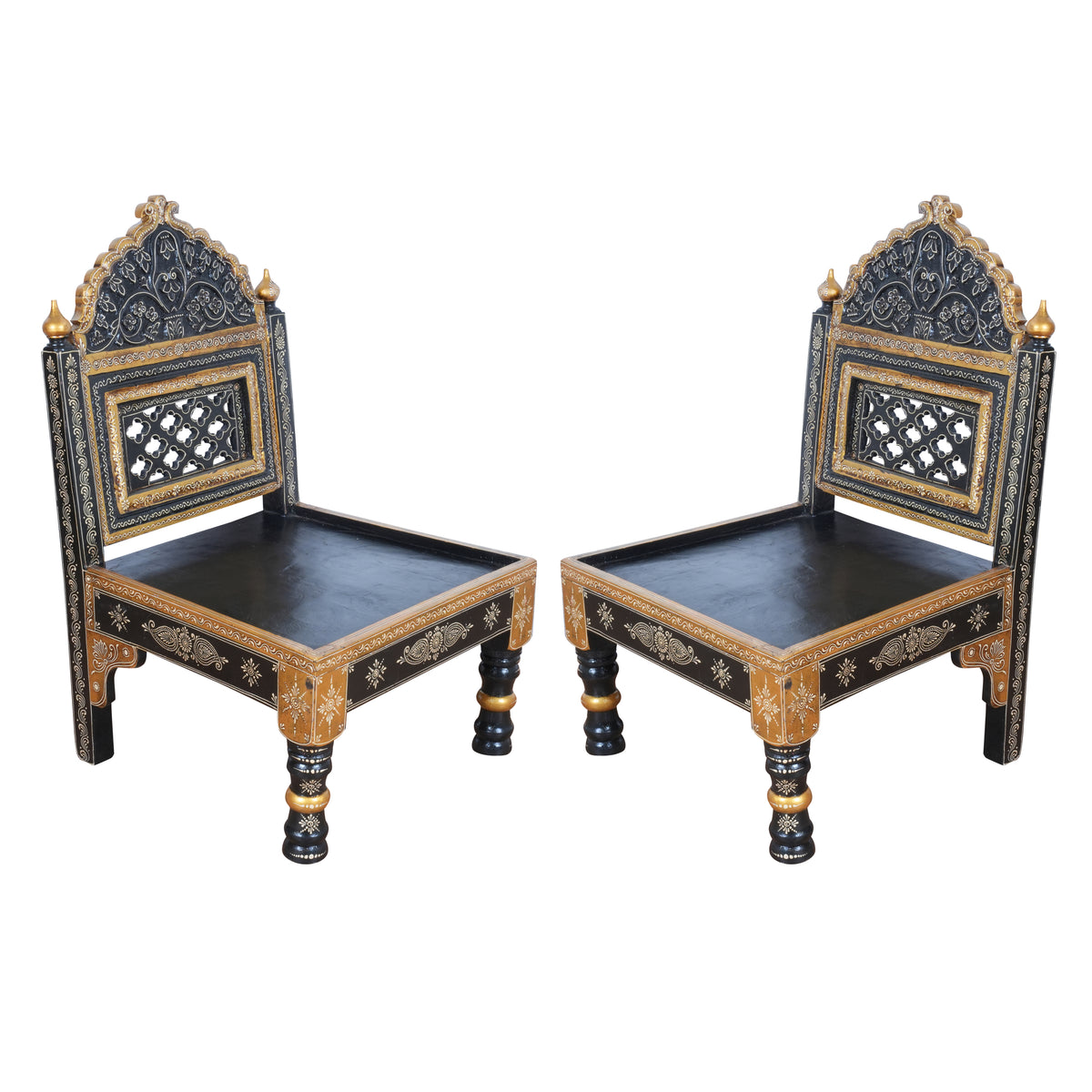 Hand-Painted Rajasthani Wooden Royal Accent Chair | Embossed Chowki Seating