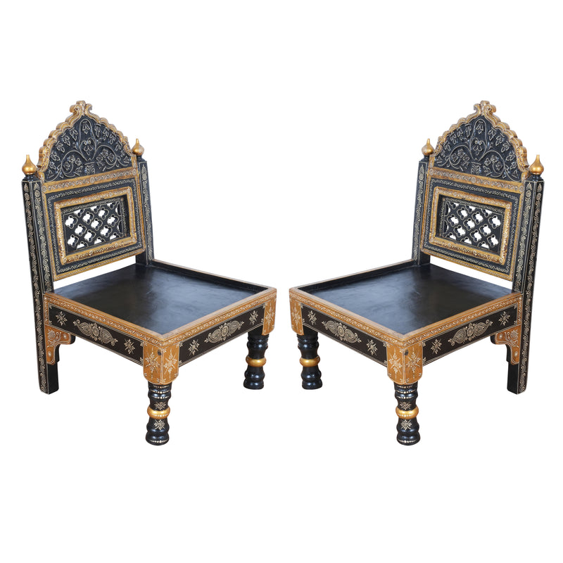 Hand-Painted Rajasthani Wooden Royal Accent Chair | Embossed Chowki Seating