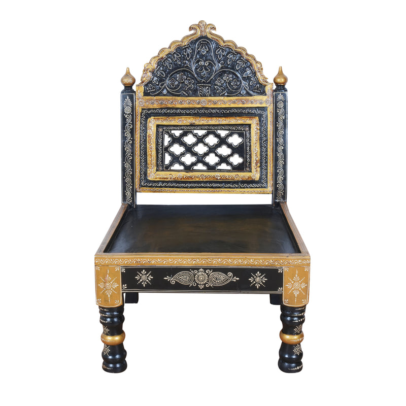 Hand-Painted Rajasthani Wooden Royal Accent Chair | Embossed Chowki Seating