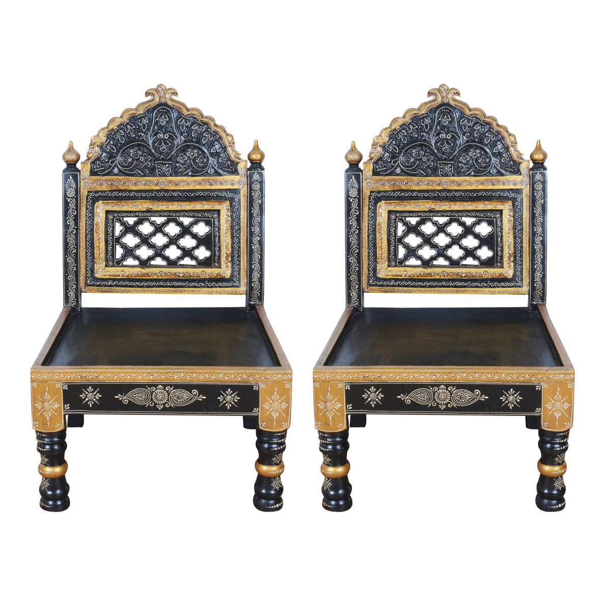 Hand-Painted Rajasthani Wooden Royal Accent Chair | Embossed Chowki Seating