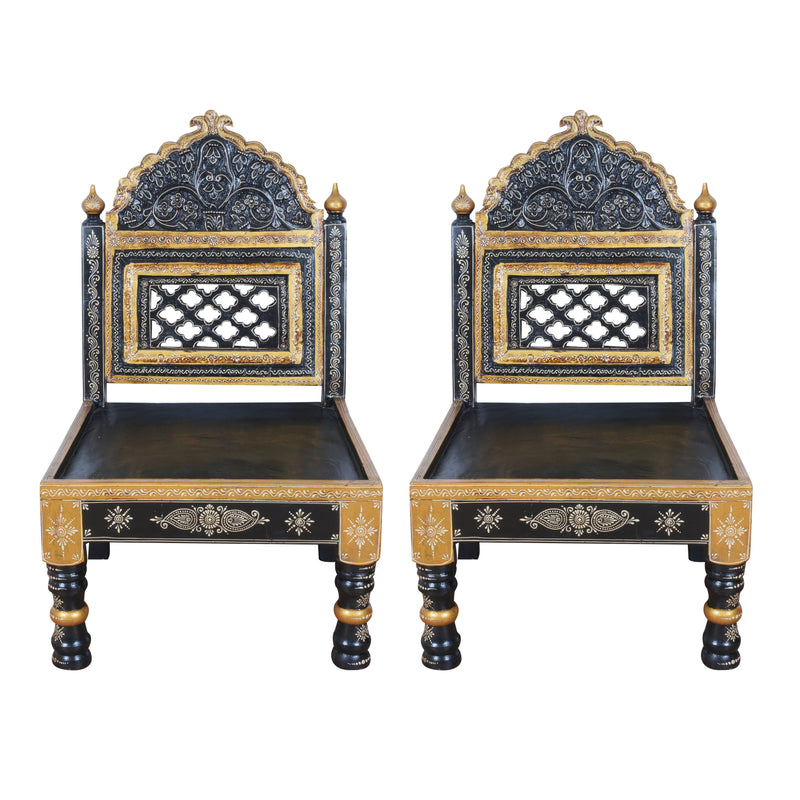 Hand-Painted Rajasthani Wooden Royal Accent Chair | Embossed Chowki Seating