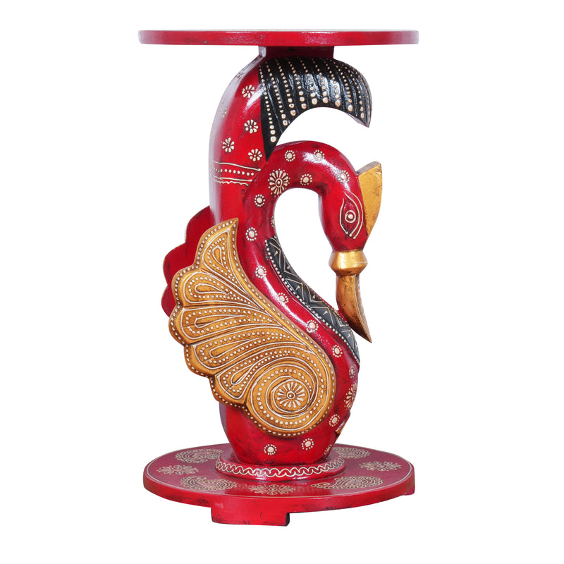 Hand-Painted Wooden Peacock Pedestal Stand | Accent Table & Plant Stand