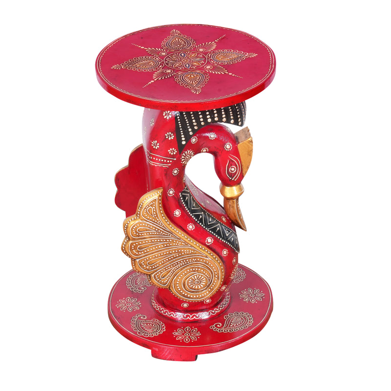 Hand-Painted Wooden Peacock Pedestal Stand | Accent Table & Plant Stand