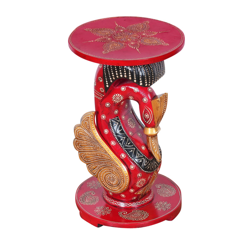 Hand-Painted Wooden Peacock Pedestal Stand | Accent Table & Plant Stand