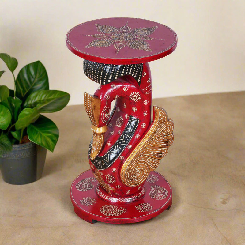 Hand-Painted Wooden Peacock Pedestal Stand | Accent Table & Plant Stand