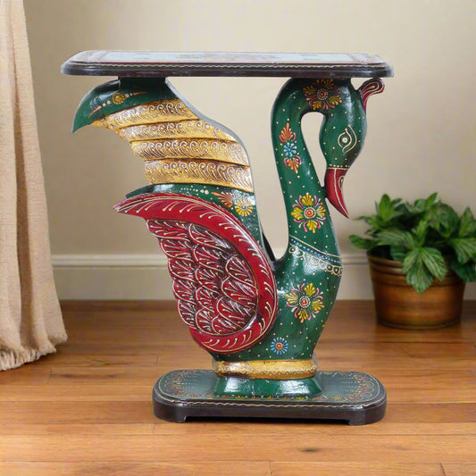 Hand-Painted Swan Pedestal Accent Table | Traditional Green & Red Stand