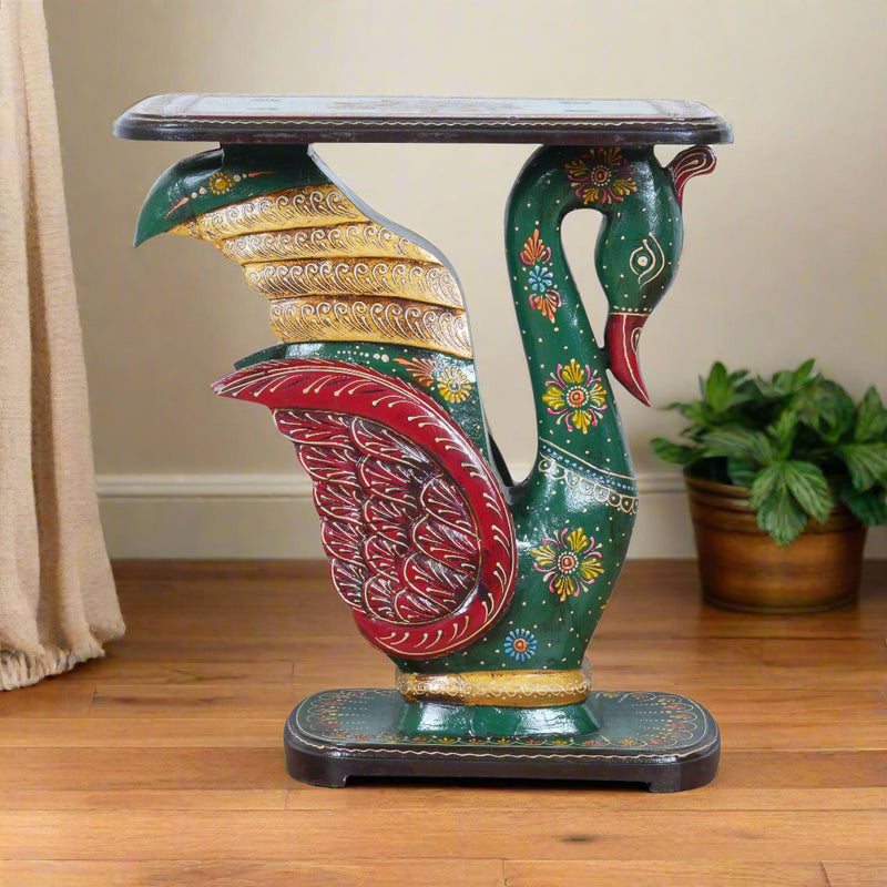 Hand-Painted Swan Pedestal Accent Table | Traditional Green & Red Stand