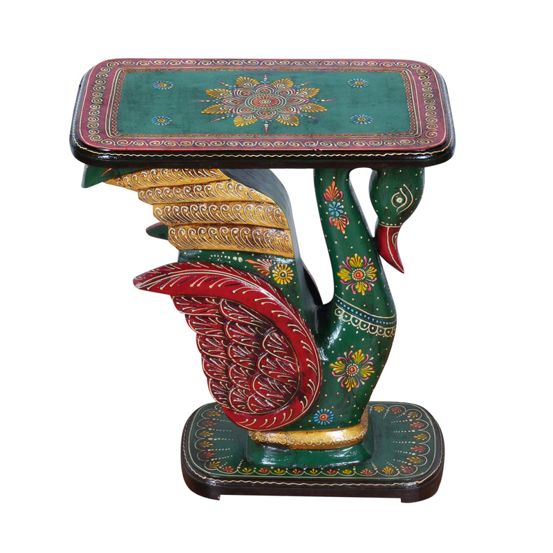 Hand-Painted Swan Pedestal Accent Table | Traditional Green & Red Stand