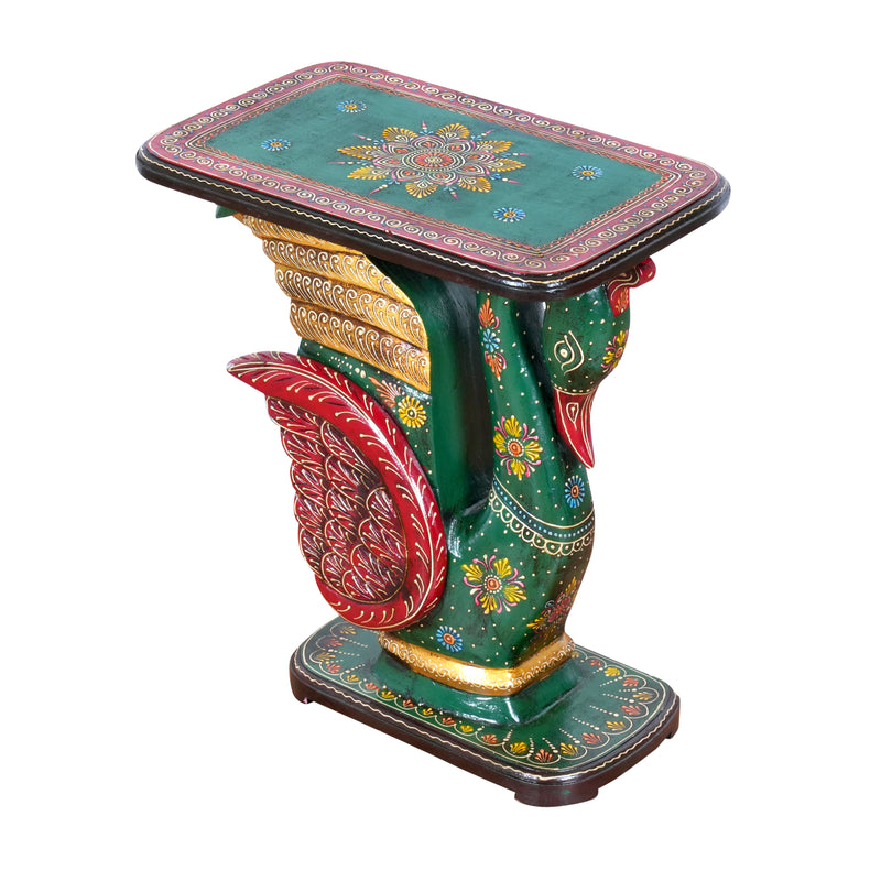 Hand-Painted Swan Pedestal Accent Table | Traditional Green & Red Stand