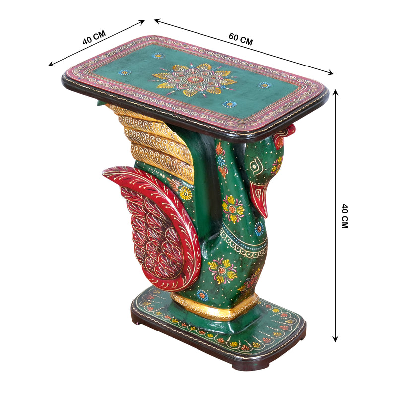 Hand-Painted Swan Pedestal Accent Table | Traditional Green & Red Stand