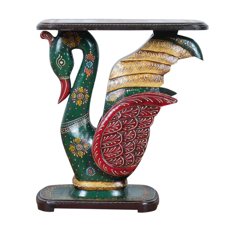 Hand-Painted Swan Pedestal Accent Table | Traditional Green & Red Stand