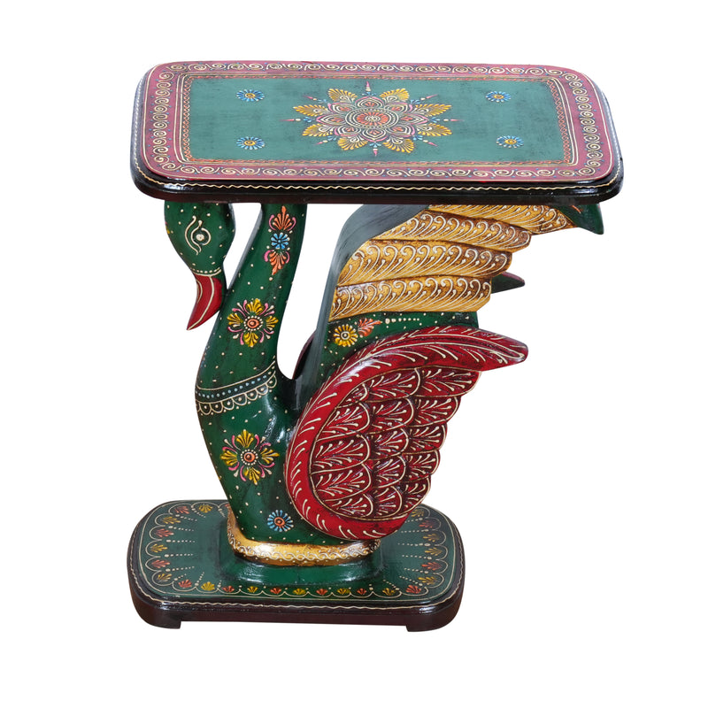 Hand-Painted Swan Pedestal Accent Table | Traditional Green & Red Stand