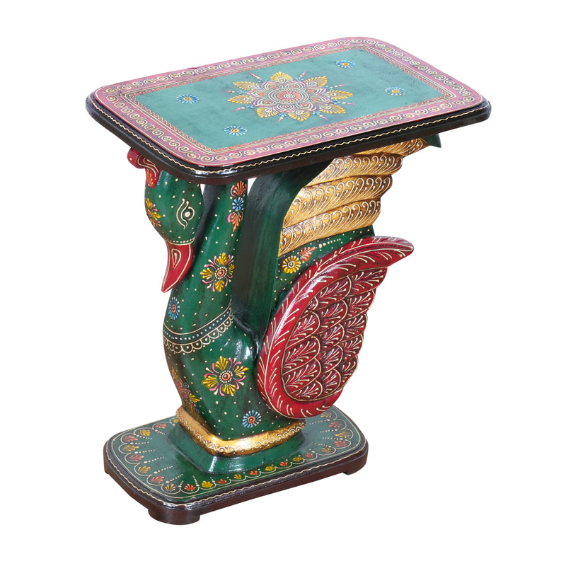 Hand-Painted Swan Pedestal Accent Table | Traditional Green & Red Stand