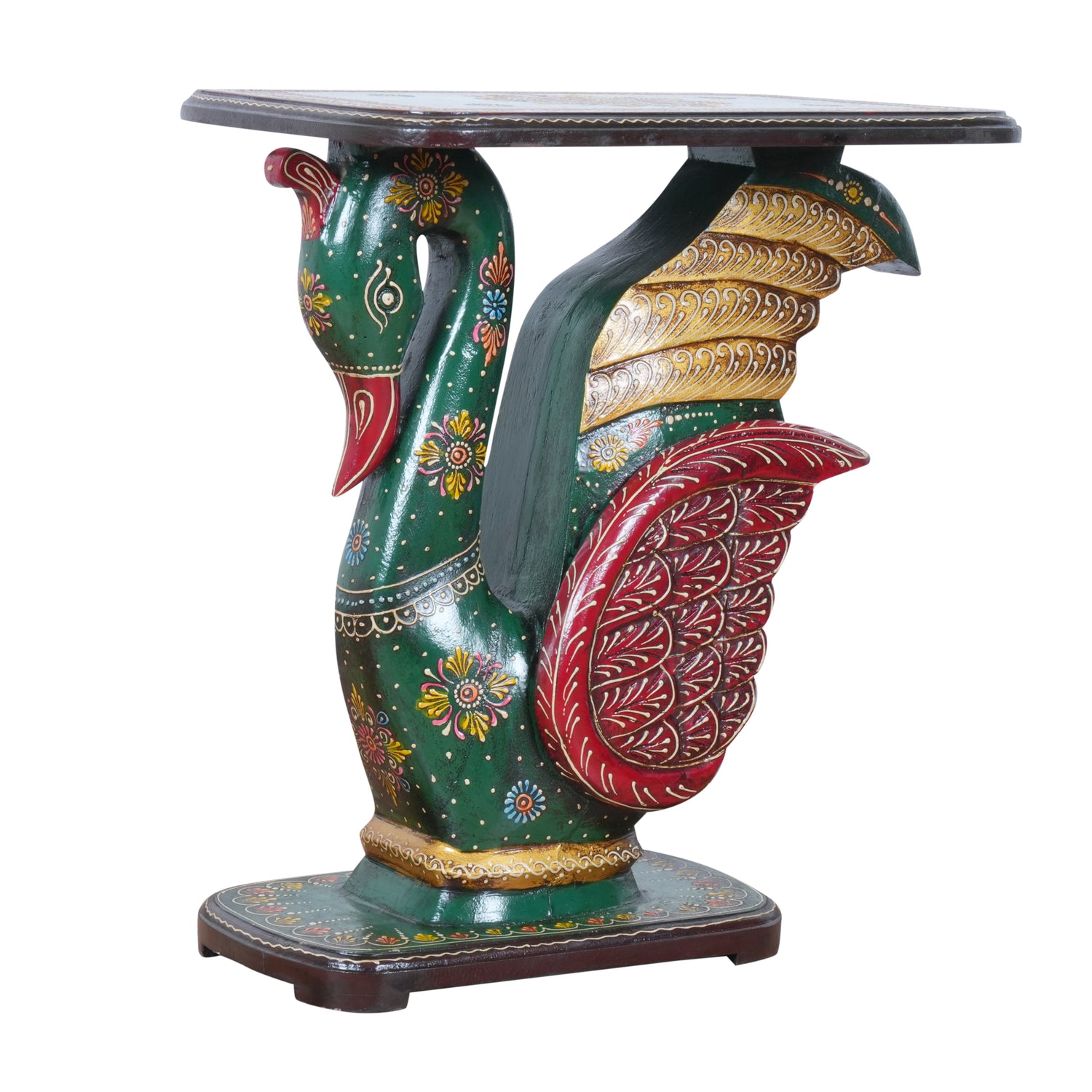 Hand-Painted Swan Pedestal Accent Table | Traditional Green & Red Stand