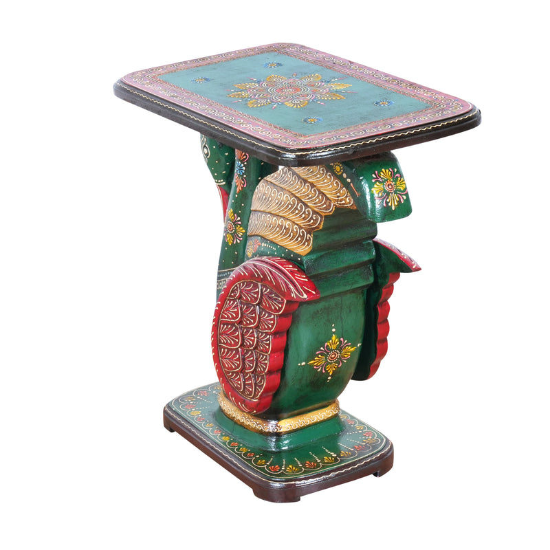 Hand-Painted Swan Pedestal Accent Table | Traditional Green & Red Stand