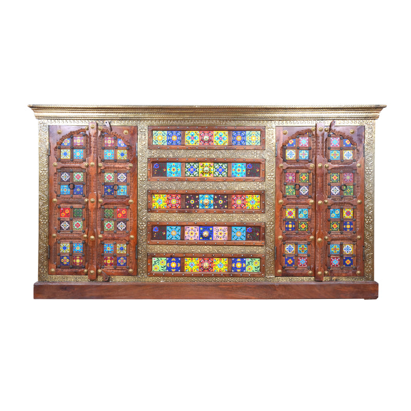 Handcrafted Brass & Tile Inlay Sideboard Cabinet | Ethnic Multi-Storage Console