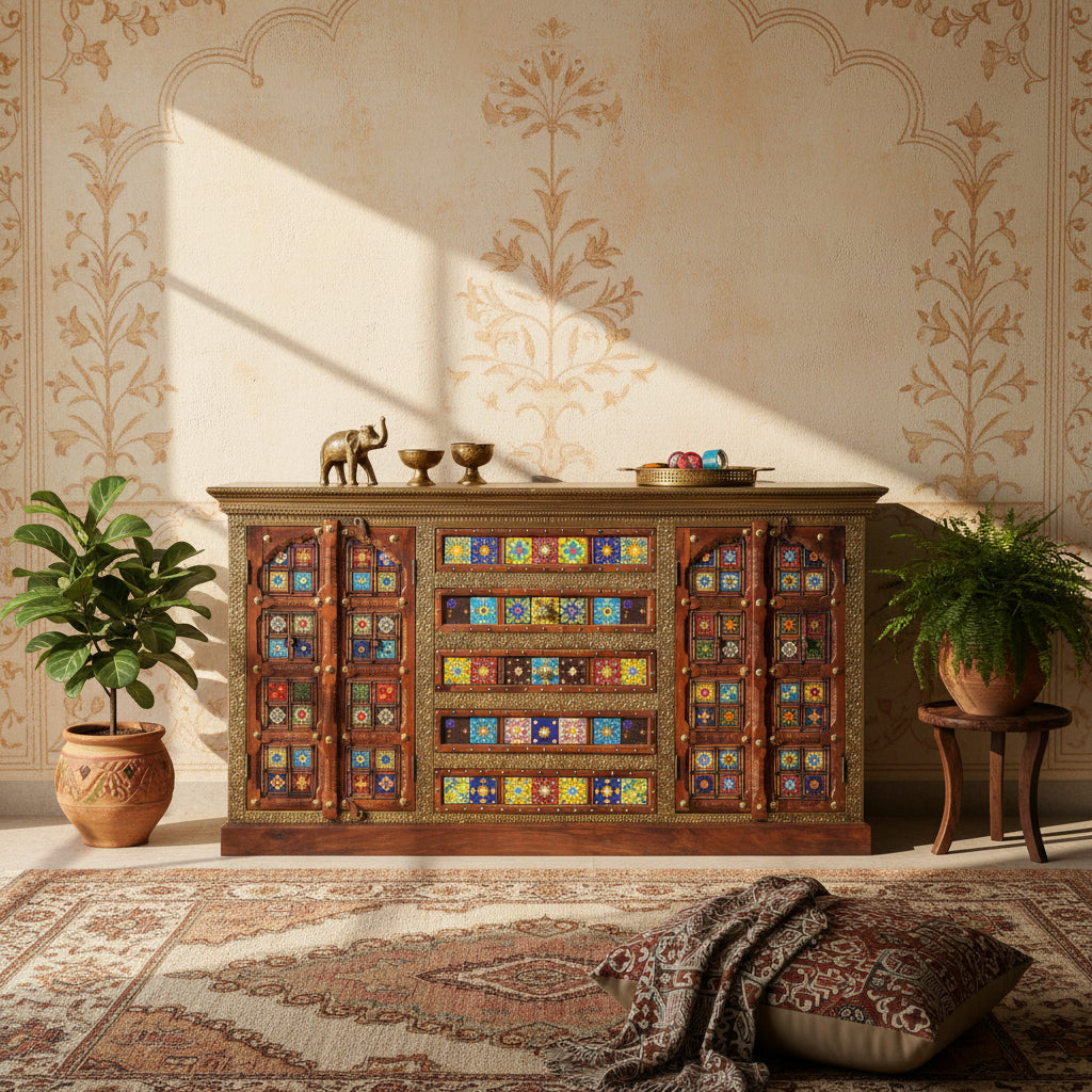 Handcrafted Brass & Tile Inlay Sideboard Cabinet | Ethnic Multi-Storage Console