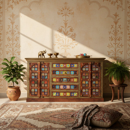 Handcrafted Brass & Tile Inlay Sideboard Cabinet | Ethnic Multi-Storage Console