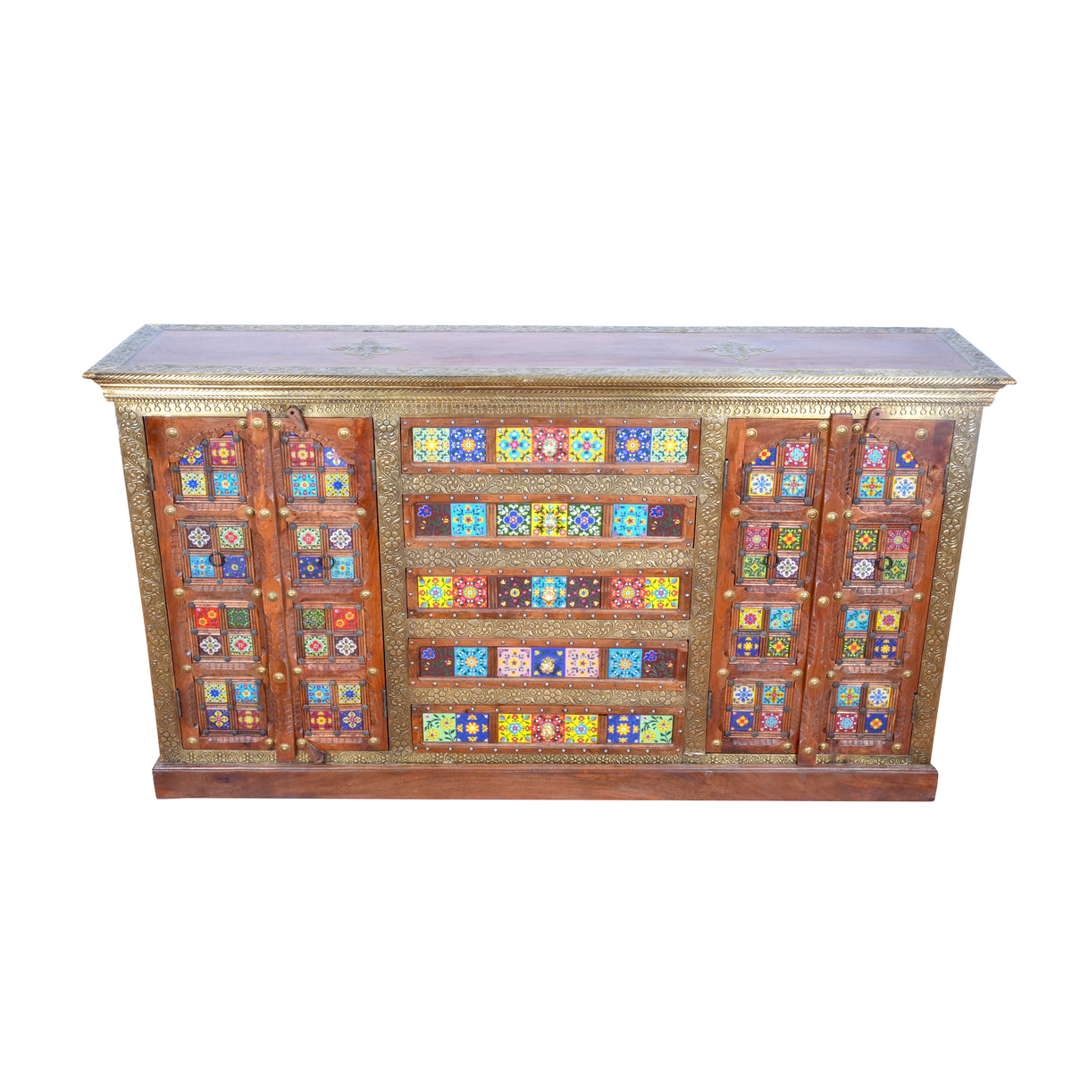 Handcrafted Brass & Tile Inlay Sideboard Cabinet | Ethnic Multi-Storage Console