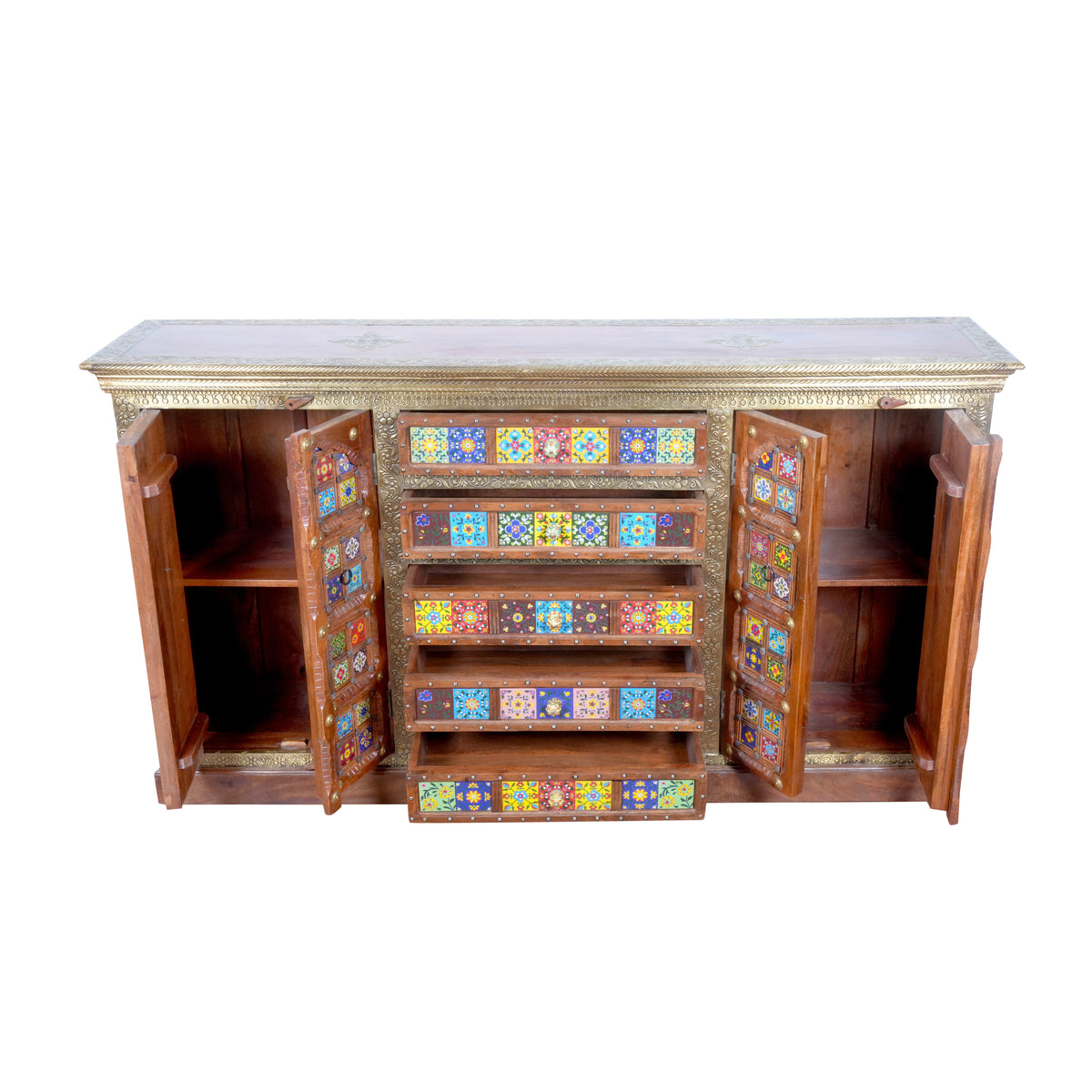 Handcrafted Brass & Tile Inlay Sideboard Cabinet | Ethnic Multi-Storage Console