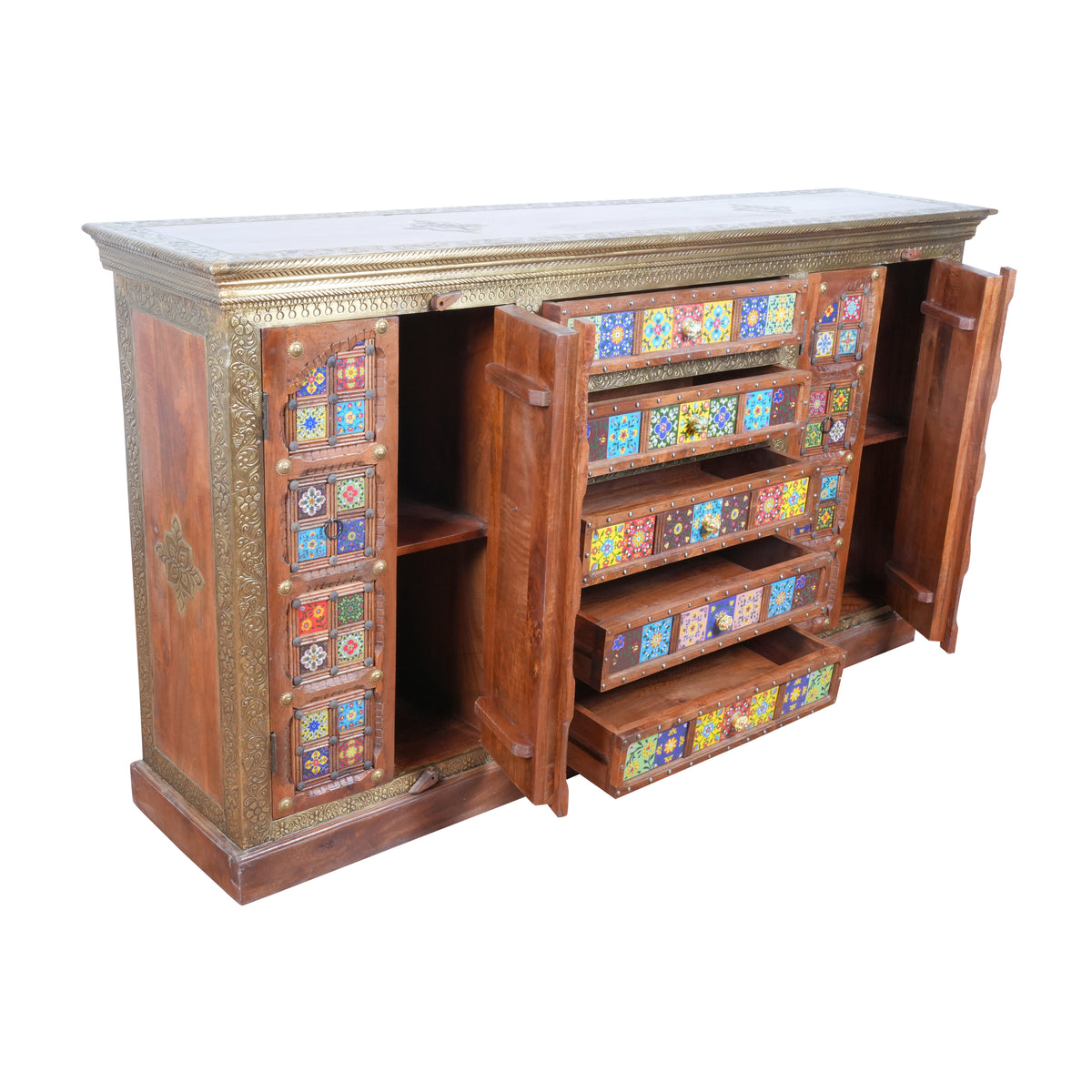 Handcrafted Brass & Tile Inlay Sideboard Cabinet | Ethnic Multi-Storage Console