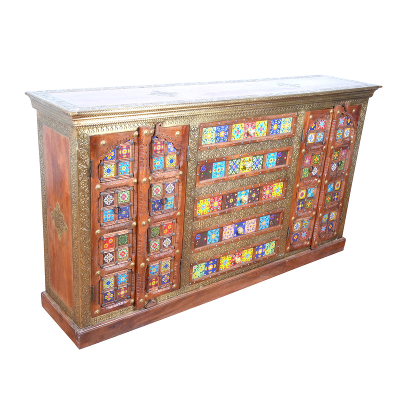 Handcrafted Brass & Tile Inlay Sideboard Cabinet | Ethnic Multi-Storage Console