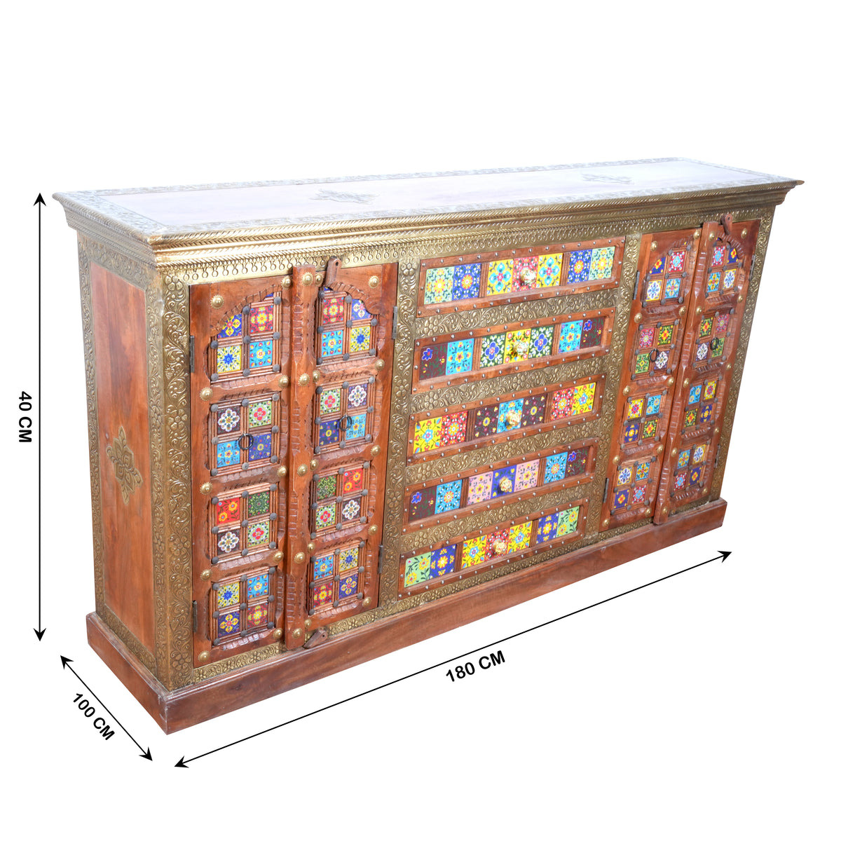 Handcrafted Brass & Tile Inlay Sideboard Cabinet | Ethnic Multi-Storage Console