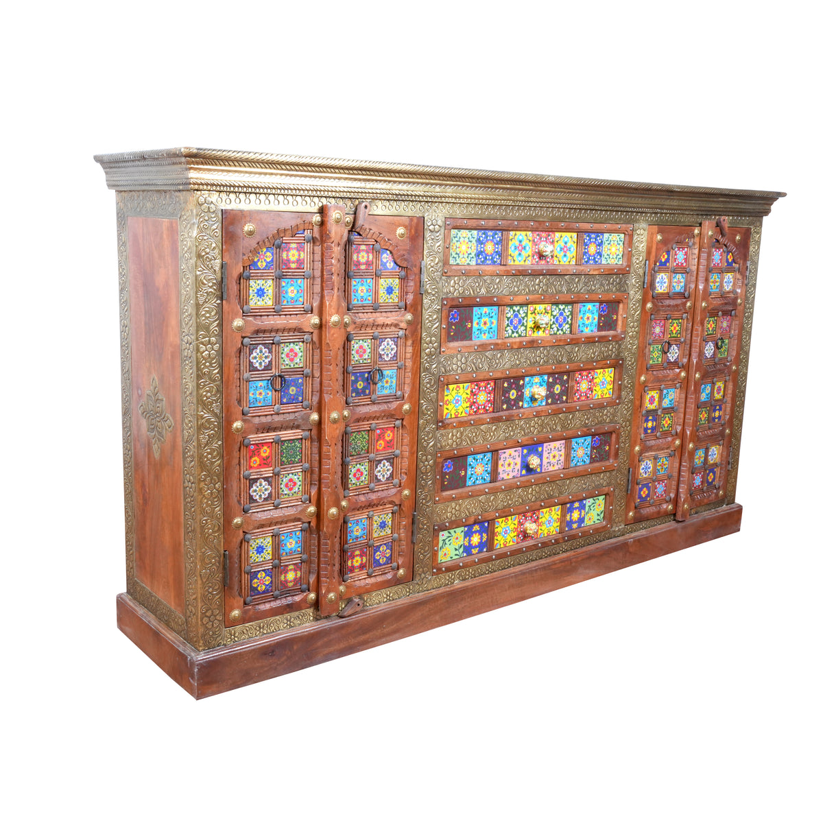 Handcrafted Brass & Tile Inlay Sideboard Cabinet | Ethnic Multi-Storage Console