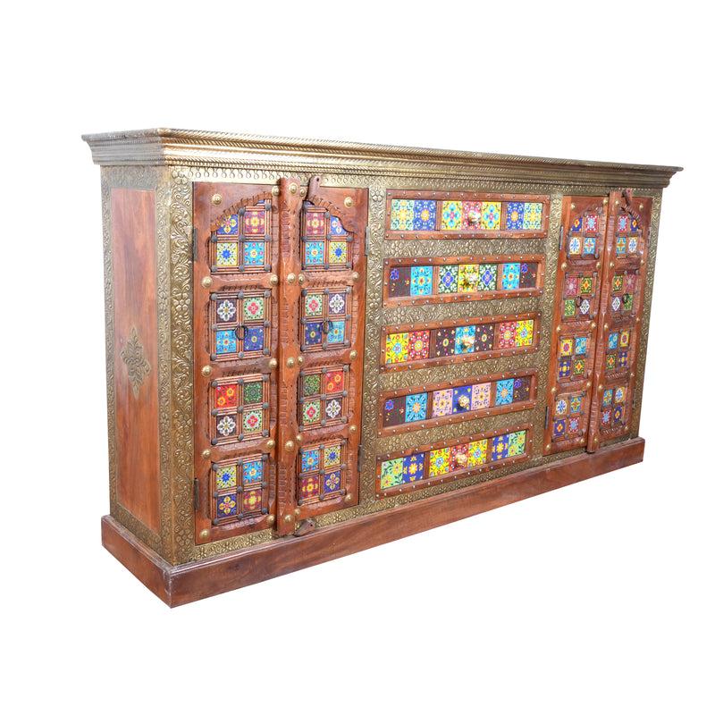 Handcrafted Brass & Tile Inlay Sideboard Cabinet | Ethnic Multi-Storage Console