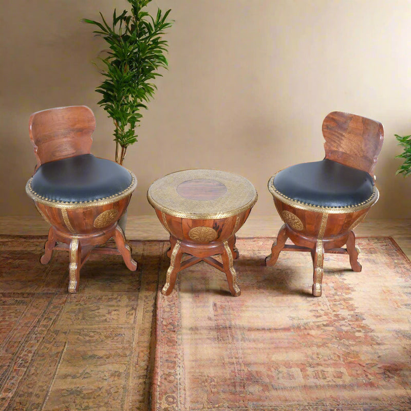 Hand-Embossed Drum Table & Manji Chair Seating Set | Ethnic Accent Furniture
